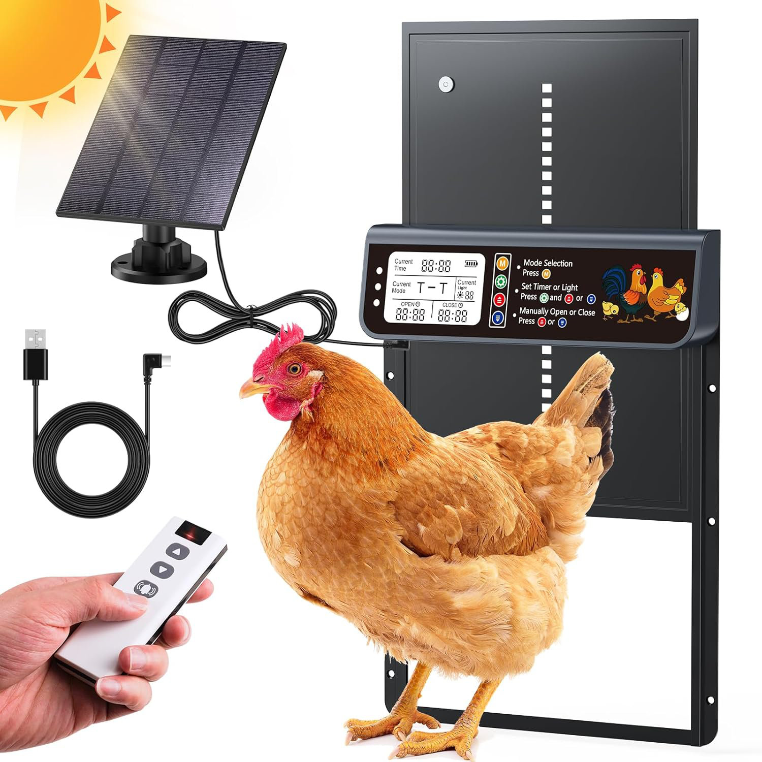 Porte De Poulailler Automatique Solaire - Avec écran LCD, Minuterie Et Capteur De Lumière - Alliage Aluminium - Télécommande