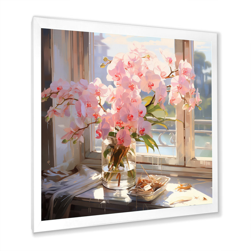 Impression de fleurs d'orchidées impressionnistes dans un vase ensoleillé I sur toile, H 16 po x l 16 po x P 1 po