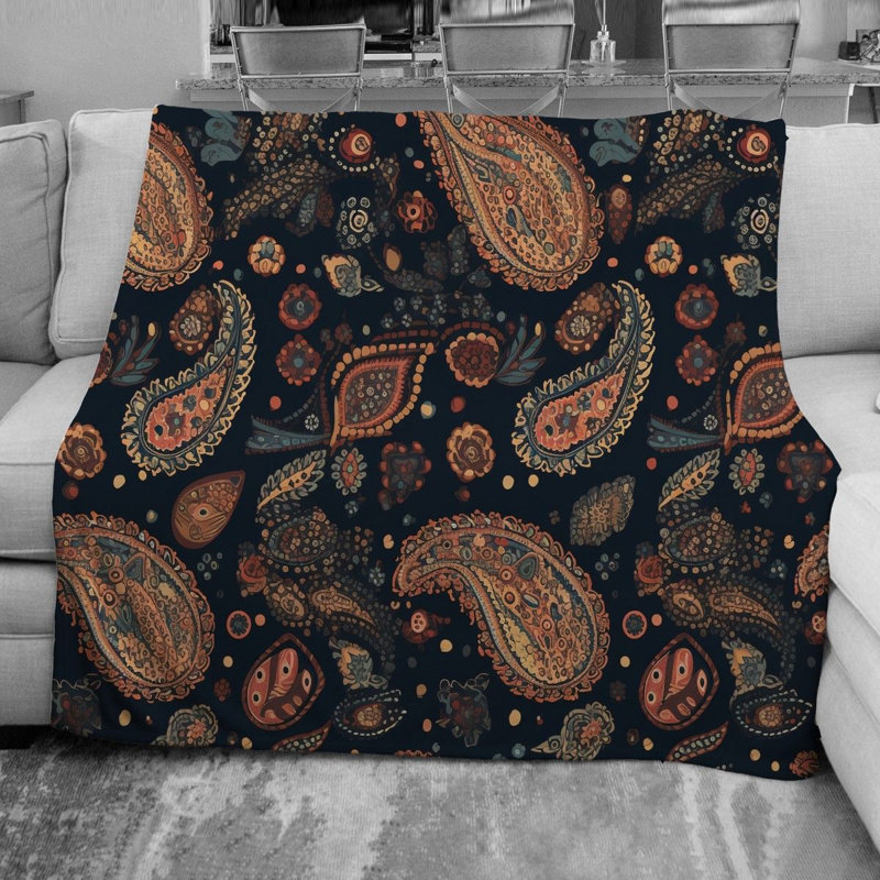 Botanical Fleece Throw, 68" W x 80" L, Brown/Navy Paisley