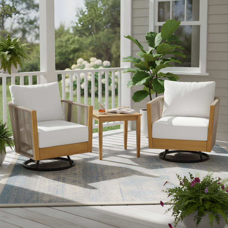 Ettie Outdoor 3-Piece Acacia Wood Conversation Set With Woven Rope & Slat Side Table, 3 Pcs: Table, 2 Chairs