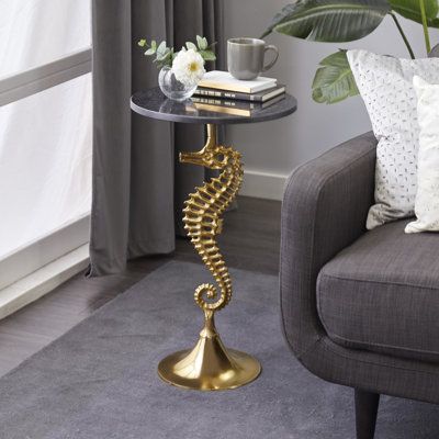 Aluminum Metal Seahorse Side Table with Hornblow Black Marble Top