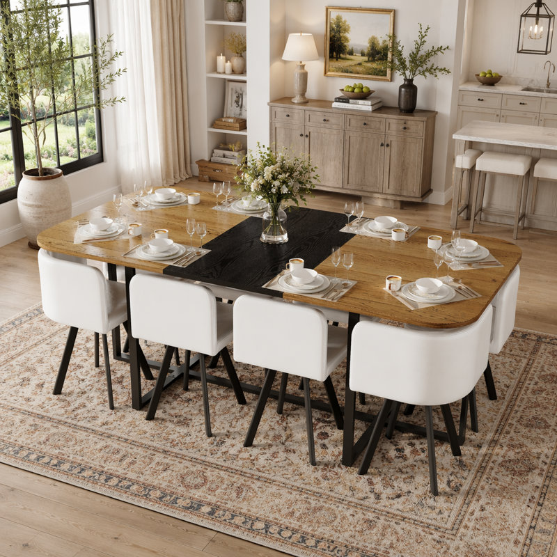 Ensemble de table de salle à manger 9 pièces avec plateau en grain de bois bicolore et 8 chaises en similicuir, parfait pour les réunions de famille et les cuisines modernes