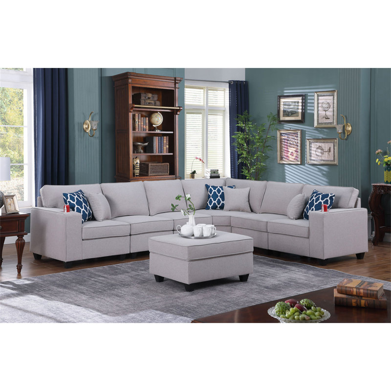 Canapé modulaire en L gris foncé de 7 po avec repose-pieds et porte-gobelet Cooper, Lin gris foncé