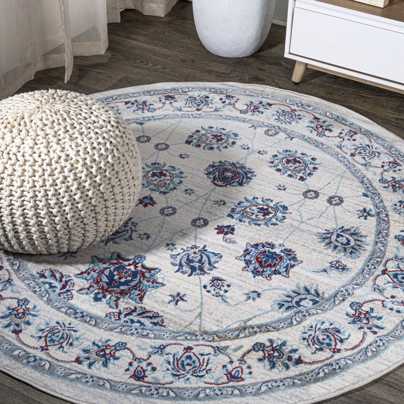 Hatha Modern Persian Vintage Moroccan Traditional Ivory/Blue/Red Rug, Round 5'