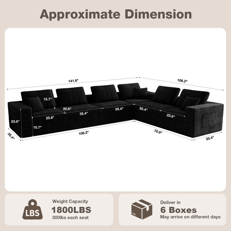 Boneless Abdou 141.7" L-Shaped Compression Sectional Sofa With Chaise, Corduroy Cloud Couch, Black