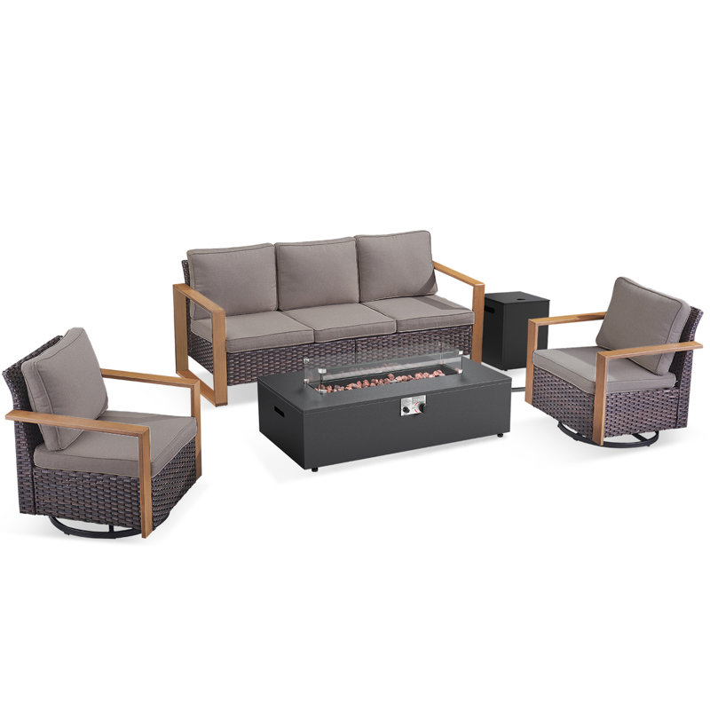 Bruner 4-Piece All Weather Wicker Patio Fire Pit Table Conversation Set With Hidden Tank Holder And Swivel Gliders, Brown