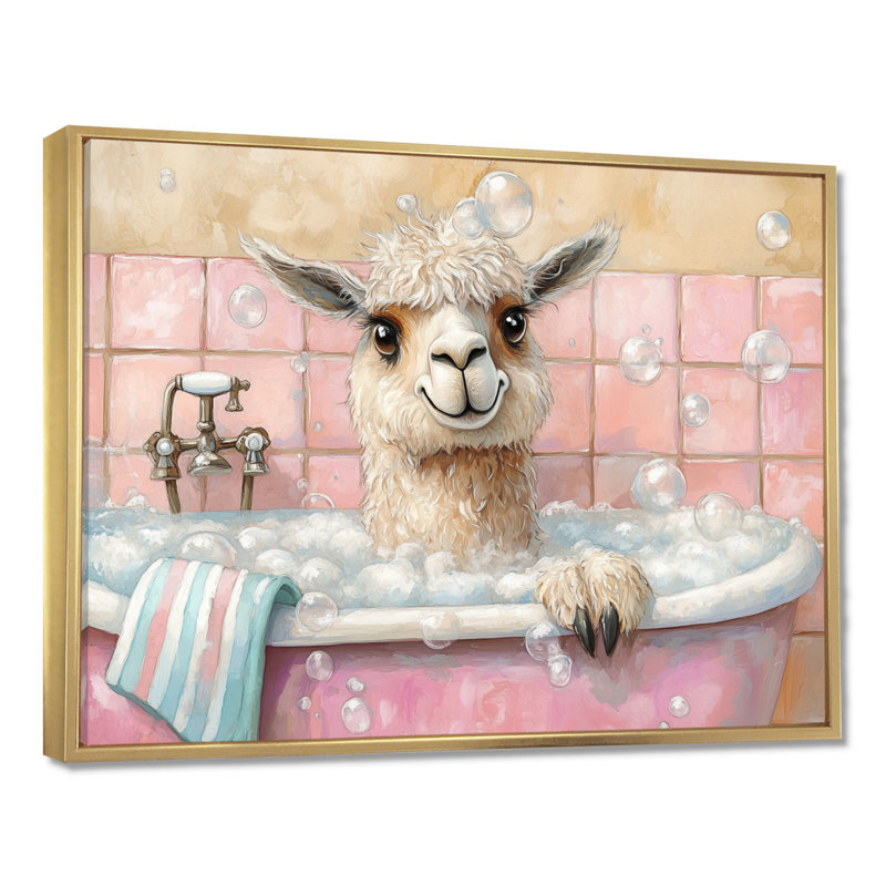 Bain de bulles moelleux - Tableau encadré Lama sur toile, H 24 po x l 32 po, Cadre flottant doré