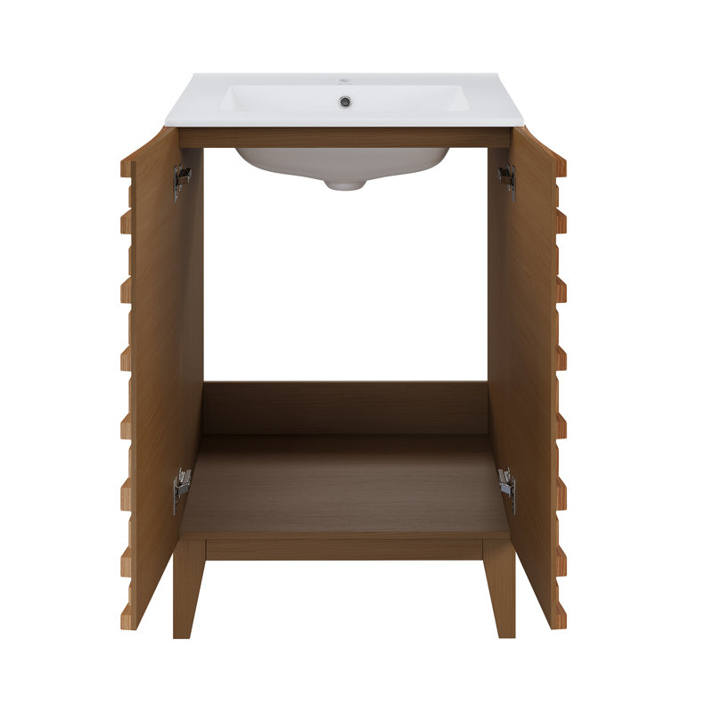 Meuble-lavabo autoportant Cascade 24 po en chêne brun avec plateau en céramique blanc résistant aux égratignures, Brun