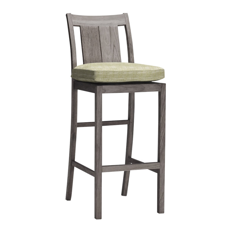 Croquet 24.5" Patio Bar Stool with Cushion, Rollo Lace InsideOut® Linen, No Welt, Oyster Teak