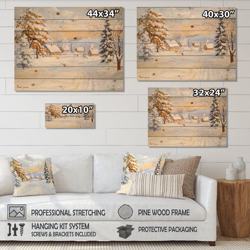 «Snowy Winter Village In Canada V», impression de paysage blanc traditionnel sur bois de pin naturel, H 30 po x l 40 po