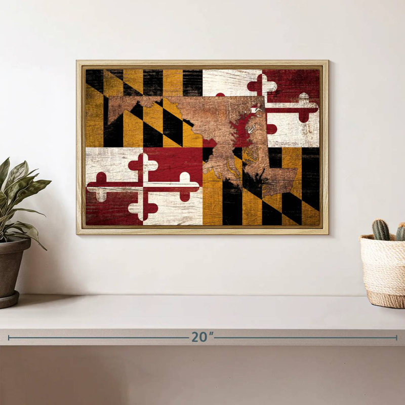 Carte d'État sur le drapeau du Maryland, Cadre flottant en bois naturel, 13 po x 9 po