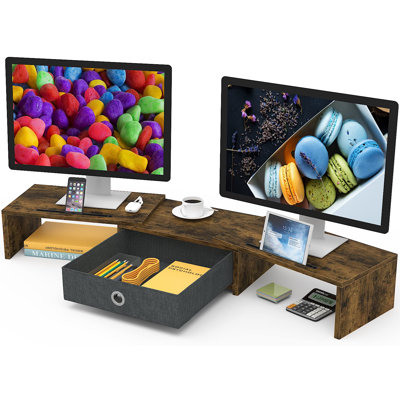 Dual 3 Shelf Computer Riser with Drawer