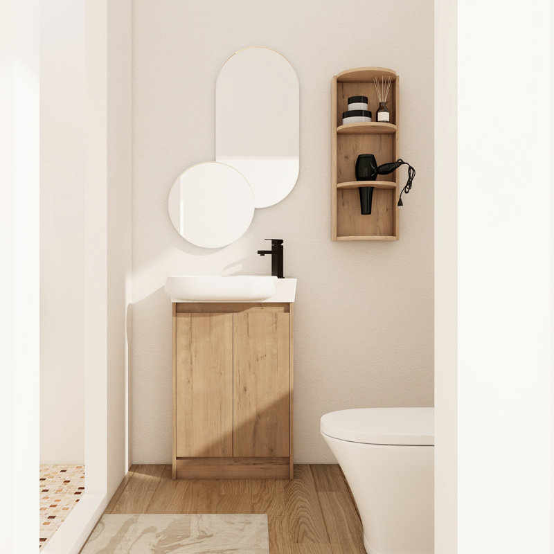 Meuble-lavabo autoportant de 23 po avec lavabo et support de rangement, portes à fermeture douce - décor moderne, lavabo à longue durée d'utilisation, support à tablettes, tablettes réglables, lavabo en céramique, contreplaqué