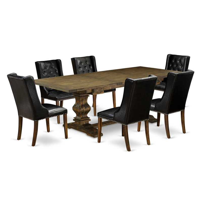 7 Piece Dinette Set Consist of a Rectangle Dining Table with Removable Leaf and 6 Black Faux Leather Parson Dining Room Chairs, Distressed Jacobean