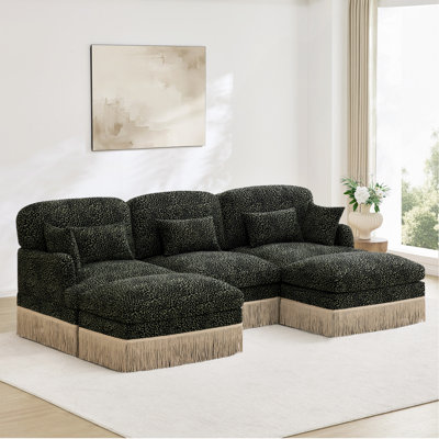 100"Comfy Chenille Leopard Printing U-Shaped Sofa,Delicate Tassel Edge,Movable Ottomans,Modern Fashion Style,Ergonomic Back and Seat Design,Easy Assembly,Deep Seat Design for Living Room,Green 