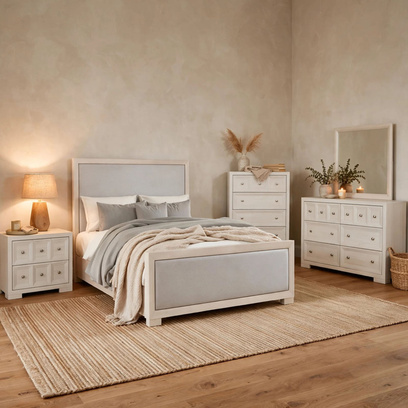 Ensemble de chambre à coucher pour grand lit 5 pièces Kizie, commode, table de chevet XL, brun-gris fauve