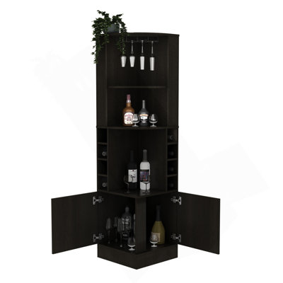 Armoire d'angle H 71 po, avec deux tablettes en haut, 1 support en verre, 8 porte-bouteilles extérieurs, 1 tablette centrale et un tiroir inférieur avec 2 portes latérales, noir