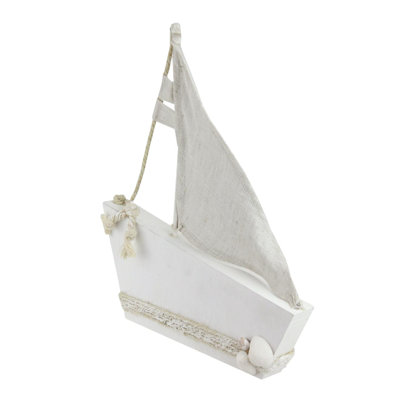 11.5" White and Tan Cape Cod Inspired Ship with Sails Table Top Decoration