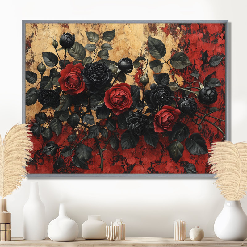 Art mural de roses de minuit de MOVita - roses, art mural, H 24 po x l 32 po, Picture Framed, Argent argent