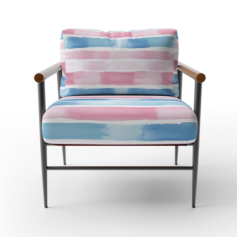 Chaise rayée rembourrée - Fauteuil rose et bleu, Bras ronds bruns