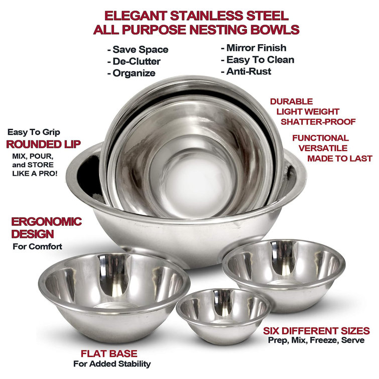 Homeaid Stainless Steel Mixing Bowls Set (Set of 6) - Polished Mirror Kitchen Bowls, Nesting Bowls for Space Saving Storage, Ideal