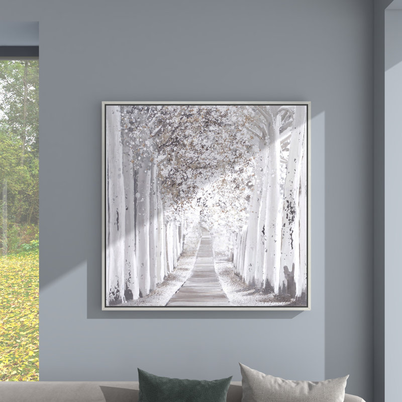 Toile blanche, paysage de forêt encadrée, cadre mural argenté, L 47,25 po x H 47,25 po