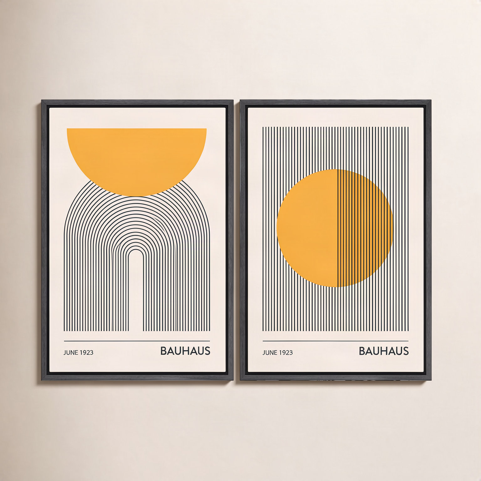 Mid Century Modern Boho "Bauhaus Sun" 2-Piece Set, Black Floater Framed, 36" H x 48" W