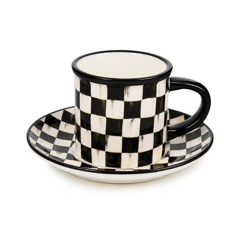 Sterling Check Stoneware Espresso Cup and Saucer, Set of 2, Black/White