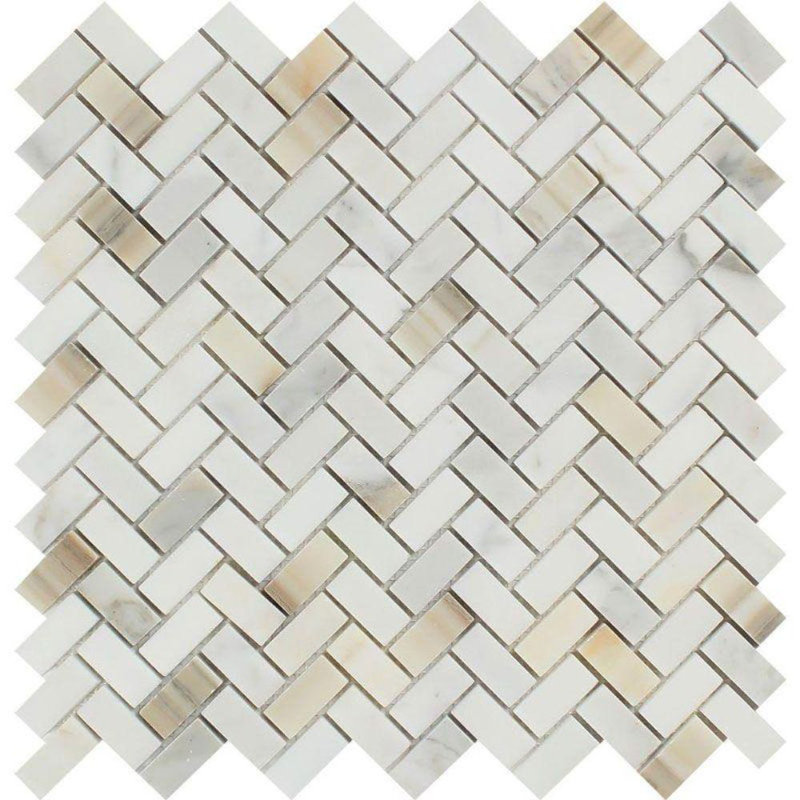 0.63" x 1.25" Marble Herringbone Mosaic Wall & Floor Tile, Polished Calacatta Gold