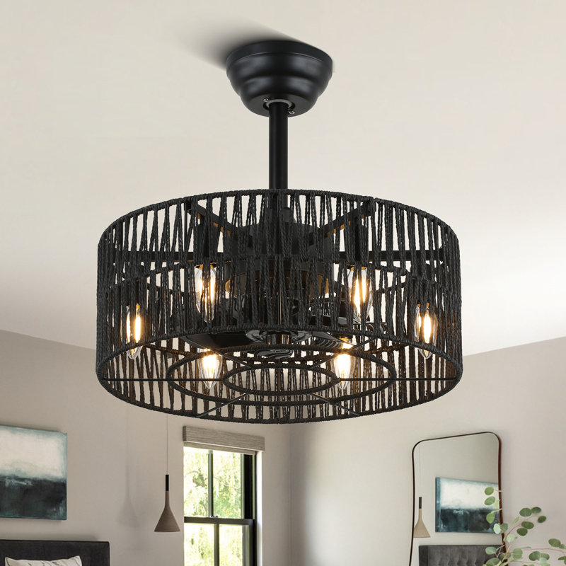 Ventilateur de plafond en cage en rotin noir Angelyca avec ensemble d'éclairage et télécommande, H 24,9 po x l 18,1 po