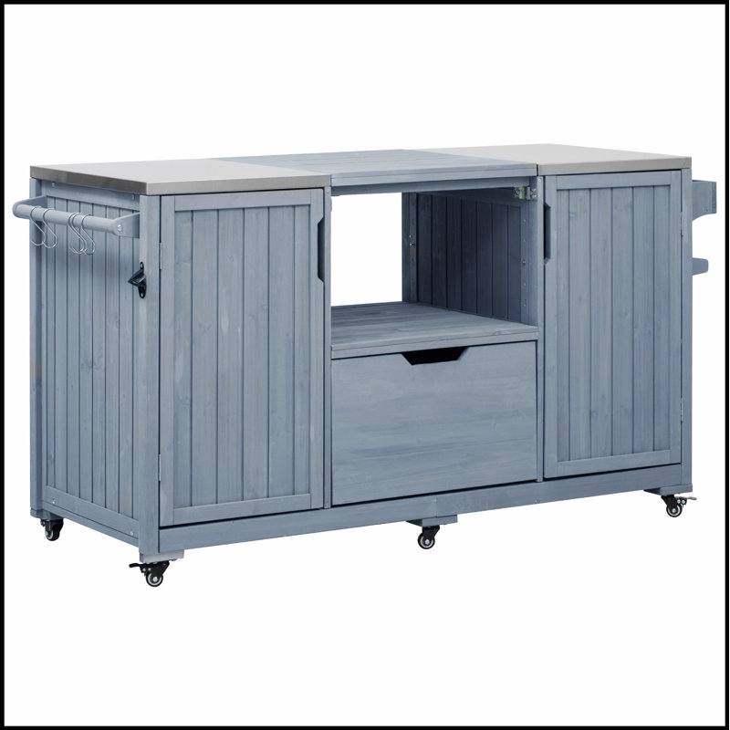 Îlot de cuisine extérieur de 66,5 pouces avec plateau en acier inoxydable, chariot de barbecue en bois massif pour grand gros œuf vert et Kamado Joe, grand espace de rangement et de travail