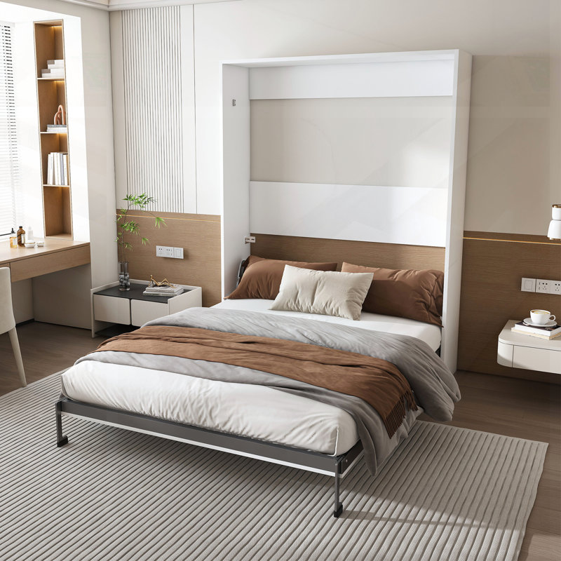 Grand lit escamotable avec conception murale pliable de 65 pouces, structure en métal, lattes en bois massif, peu encombrant pour les chambres et les chambres d'amis