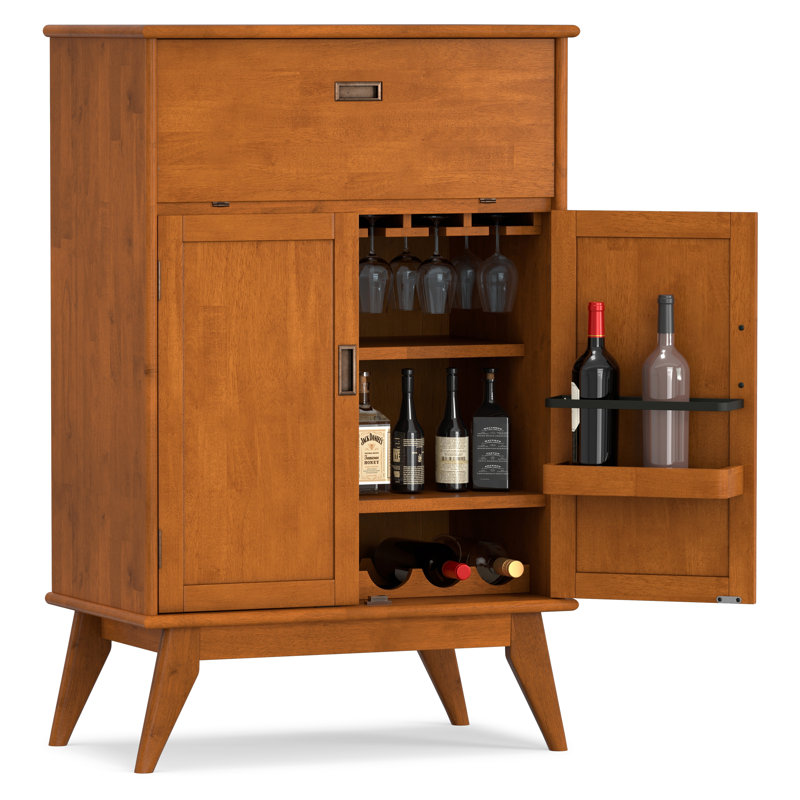 Draper 32"W Solid Hardood Mid Century Bar Cabinet with Bottle Storage, Stemware Rack and Metal Base