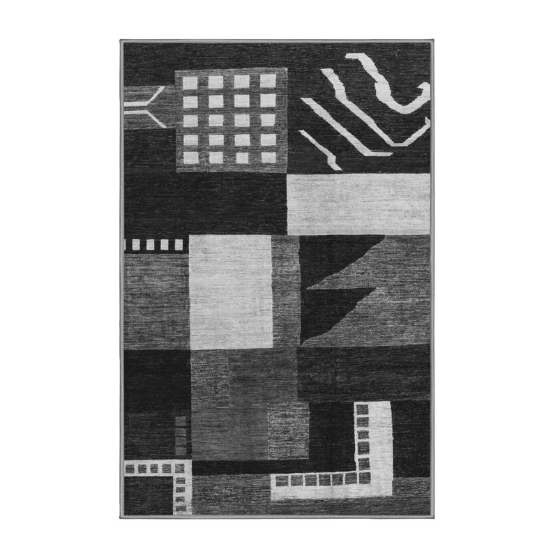 Tapis gris / noir en laine et polyester à tissage machine abstrait, Rectangle 6 pi x 9 pi