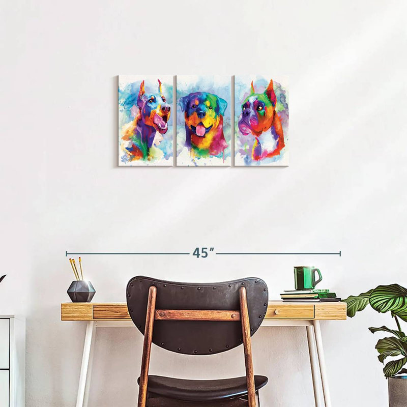 " Dogs Paint Splash Multi Piece Canvas Print " 3 - Pieces, 15" H x 32" W x 1.25" D