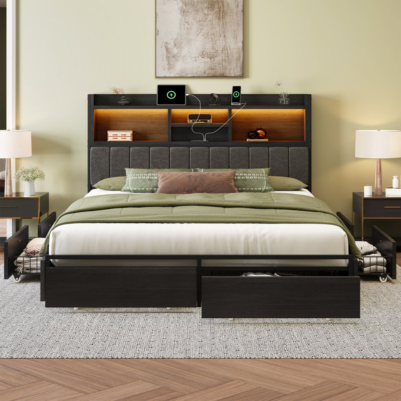 Bed Frame With 6 Storage Drawers, Linen Upholstered Headboard, Built In Charging Station And Led, Black, Queen