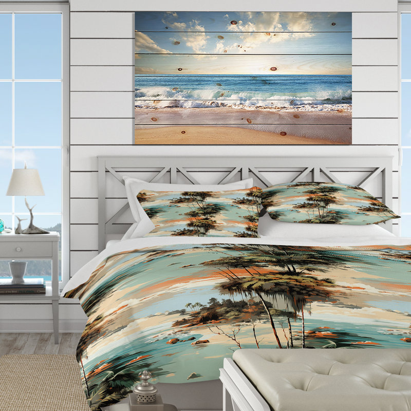 Serene Coastline Tropical Pattern Duvet Cover, King Duvet Cover + 2 King Shams