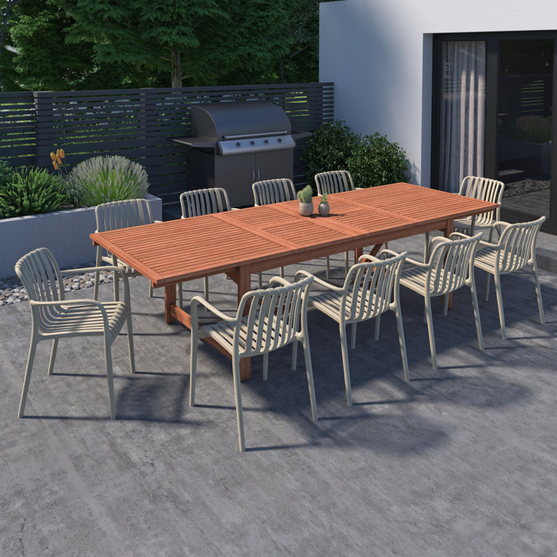Amazonia 11Pc Juleriaque FSC Wood And Resin Outdoor Patio Extendable Dining Set, Tan