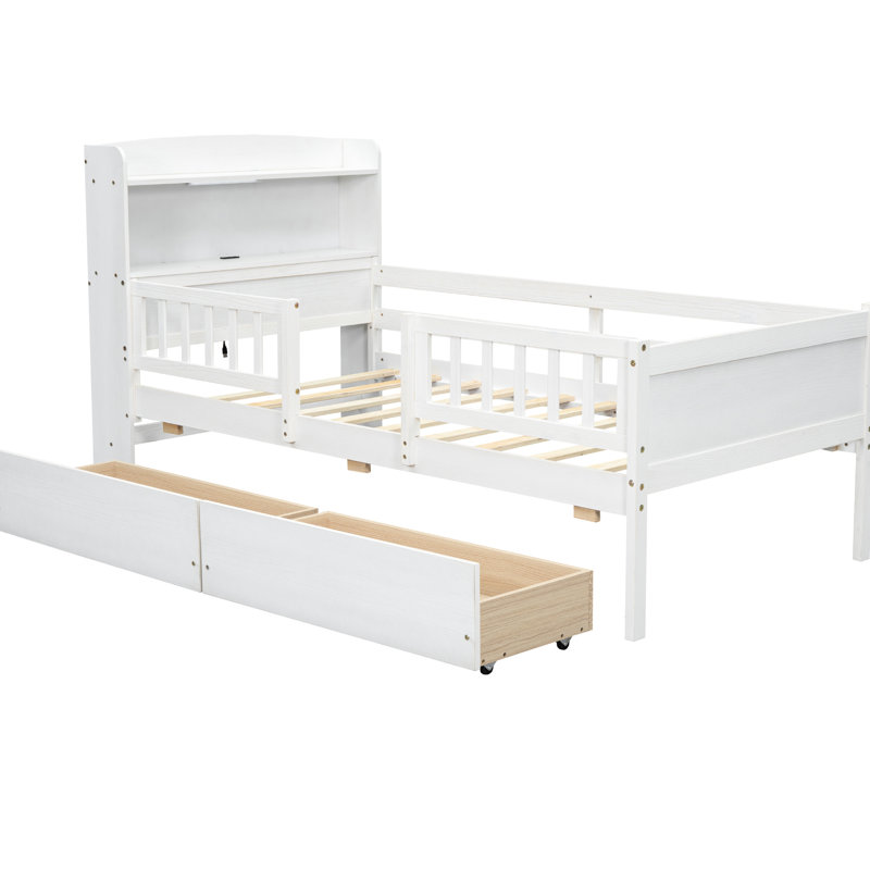 Lit plateforme simple en bois avec tête de lit à DEL, tête de lit fonctionnelle, tête de lit multifonctionnelle et 2 compartiments de tiroir avec garde-corps de couleur blanche