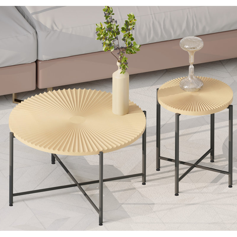 Ensemble de 2 tables basses et tables de bout à motif - Panneau de fibres à densité moyenne imperméable avec revêtement en PVC, conception cylindrique vieillie, pieds en métal noir - charme rustique classique, bois technique