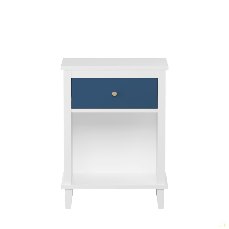 Wooden Nightstand with One Drawer One Shelf, Navy/Gold