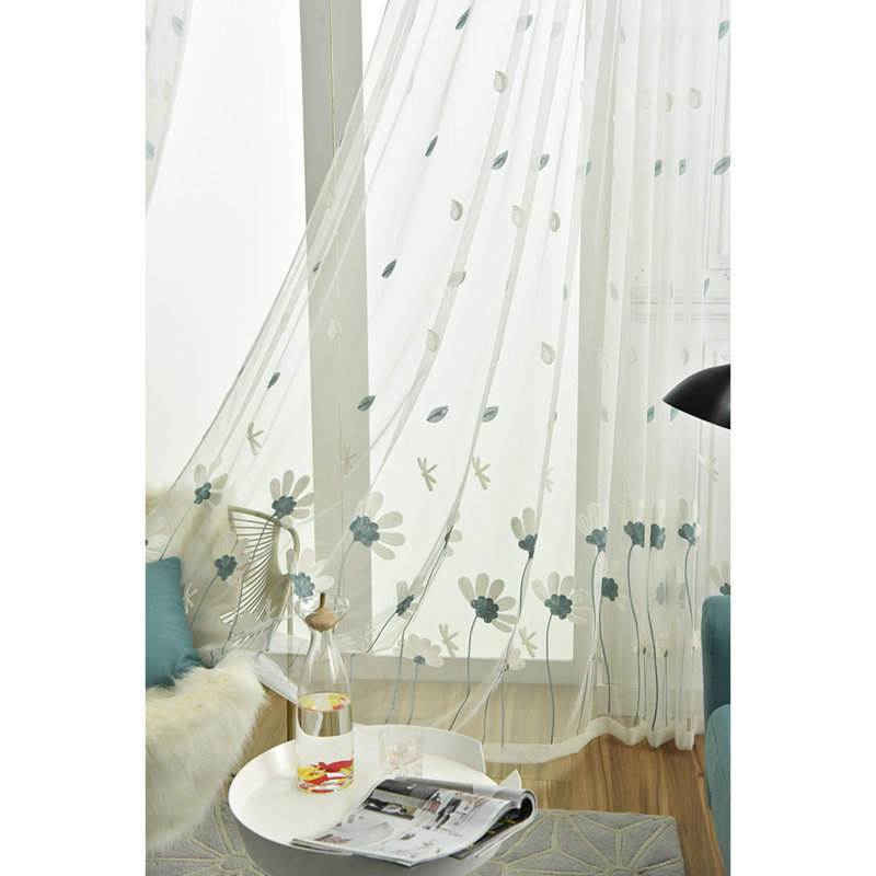 White Rod Pocket Sheer Curtain with Blue Floral Embroidery, Light Filtering Voile Drapes for Bedroom Living Room, 84