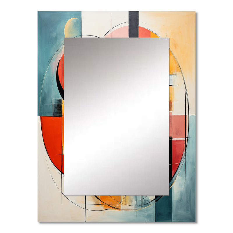 Abstractions géométriques bleues et orange Mid I Century - miroir mural décoratif Mid-Century abstrait, grand miroir moderne Mid-Century, impression sur métal