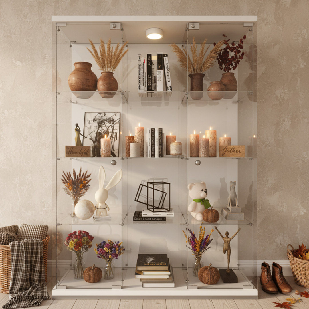 Annoeska 4-Shelf Curio Cabinet with LED Light,  3 Columns Tempered Glass Display Cabinet Latitude Run® 
