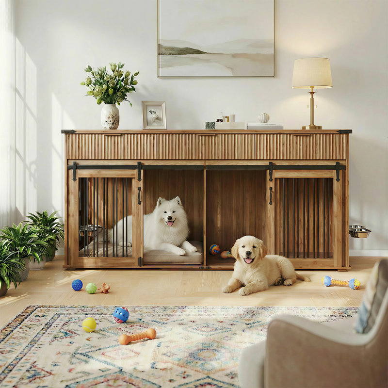 Meuble double avec 3 tiroirs cannelés et plateau de table imperméable, grand chenil pour chien avec prise de courant et mangeoires rotatives pour chiens robustes