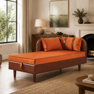 65 Inch Storage Chaise Lounge Sofa with Brown PU and Orange Velvet, Combining Comfort, Style, and Practical Storage Solutions