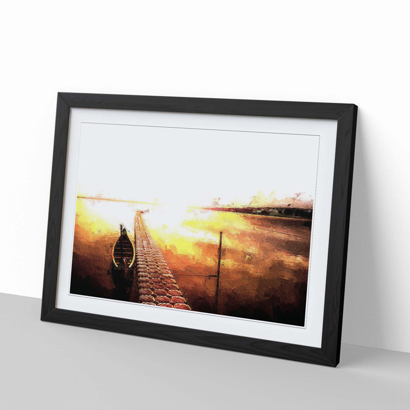 Docked Boat During an Orange Sunset - Picture Frame Painting Print, Black Framed, 36cm H x 48cm W x 2cm D