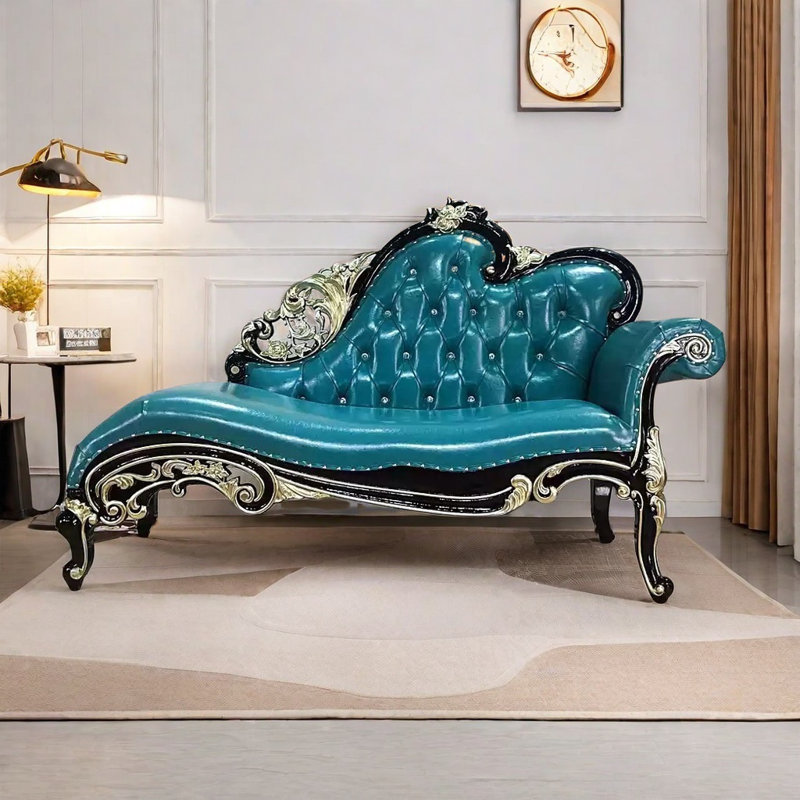 Chaise Longue - Elegant Leatherette & Solid Wood, Black/Gold, Right Hand Facing, Dark Blue