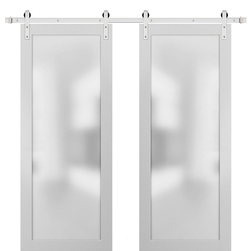 Porte de grange double robuste avec verre givré | Planum 2102 | Ensemble de cintres en métal argentés 13 pi | Portes intérieures modernes à panneau massif - Rail argenté