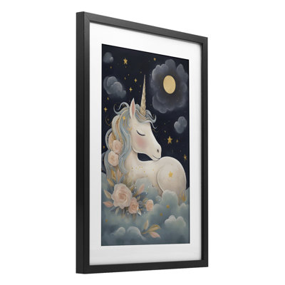 Licorne entourée de nuages, reproduction encadrée sous verre, design by Creative Studio